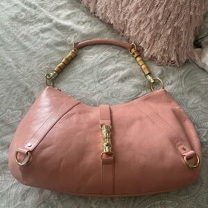 Peachy Pink Leather Hobo Bag with Bamboo Accents